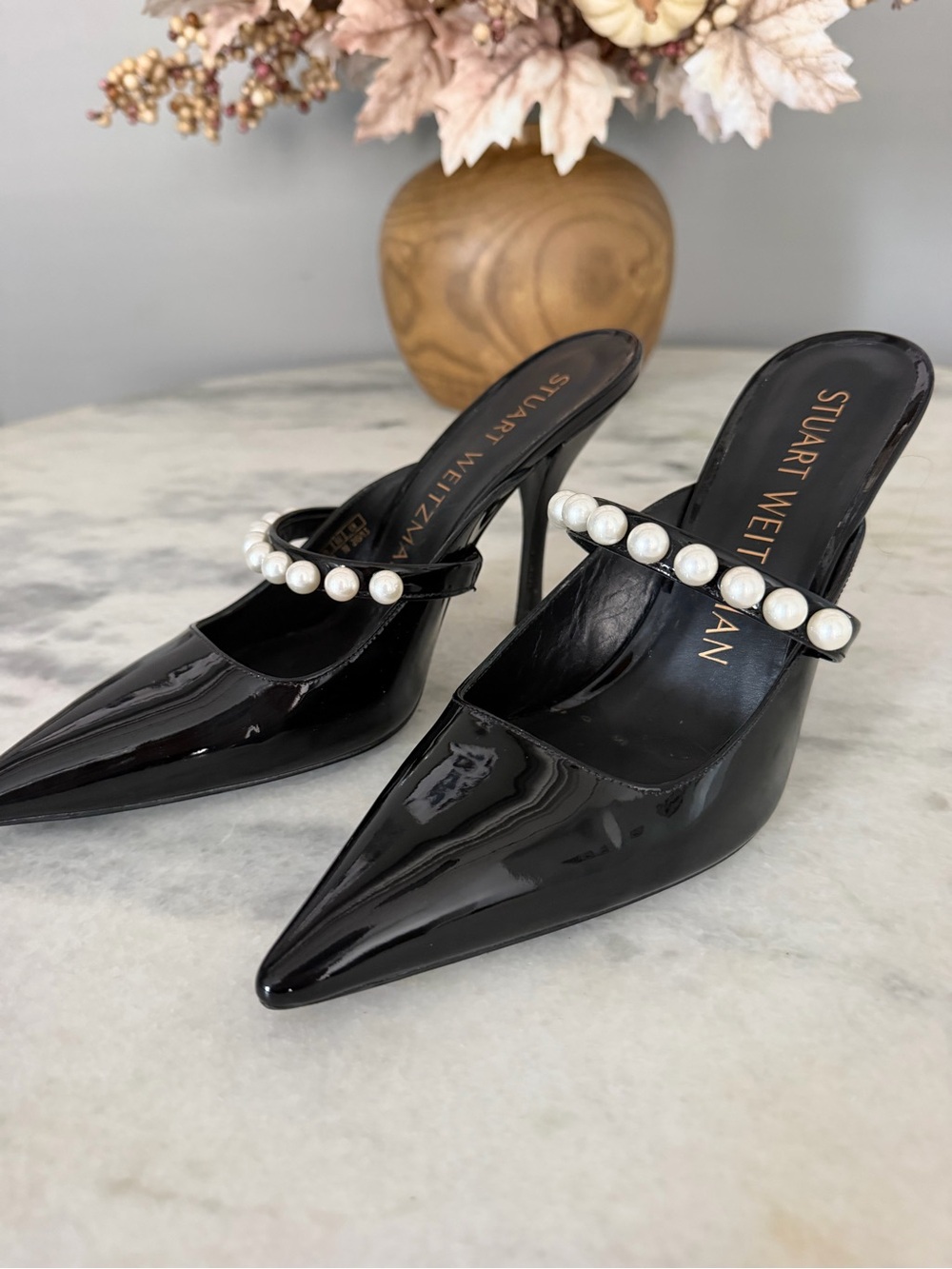 Stuart Weitzman Black Patent Pointed-Toe Pearl-Trim Mules